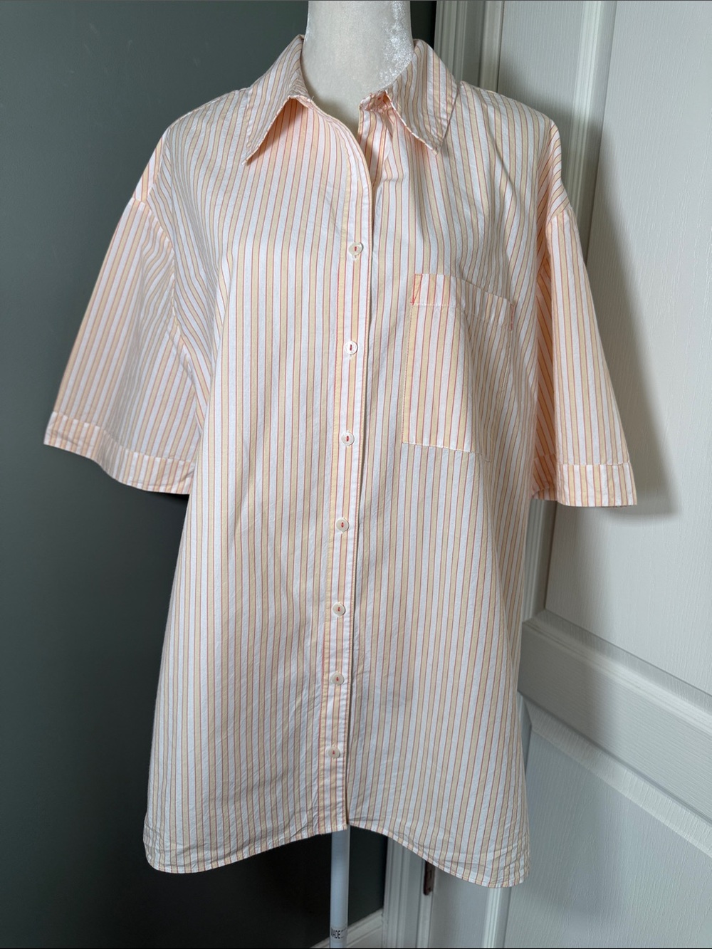 Anthropologie Oversized Striped Button Down Shirt Pink Yellow Large